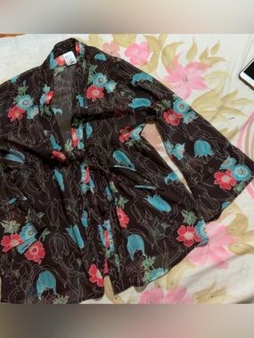 Old Navy Black Floral Wrap Kimono with Teal and Coral Accents
